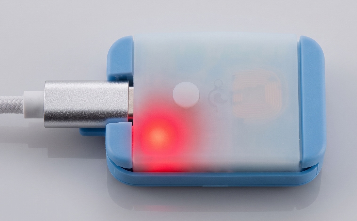 Capteur Heel2Toe branché avec un câble USB-C, le voyant de recharge allumé en rouge